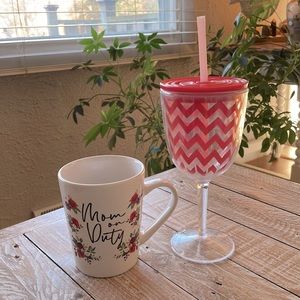 ☕️🍷Pink Chevron Acrylic Wine Glass & Mom on Duty Mug🍷☕️